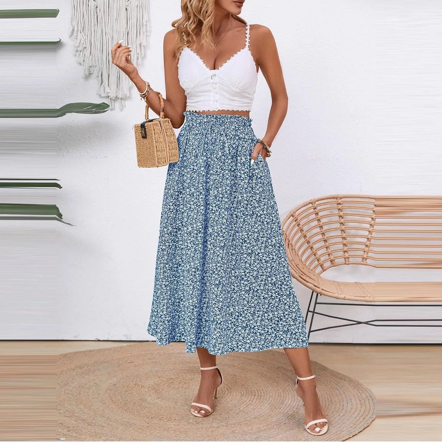 Cotton Linen Skirts for Women Midi Length Summer Drawstring Elastic Waist Smocked A-Line Skirt Knee Length with Pocket