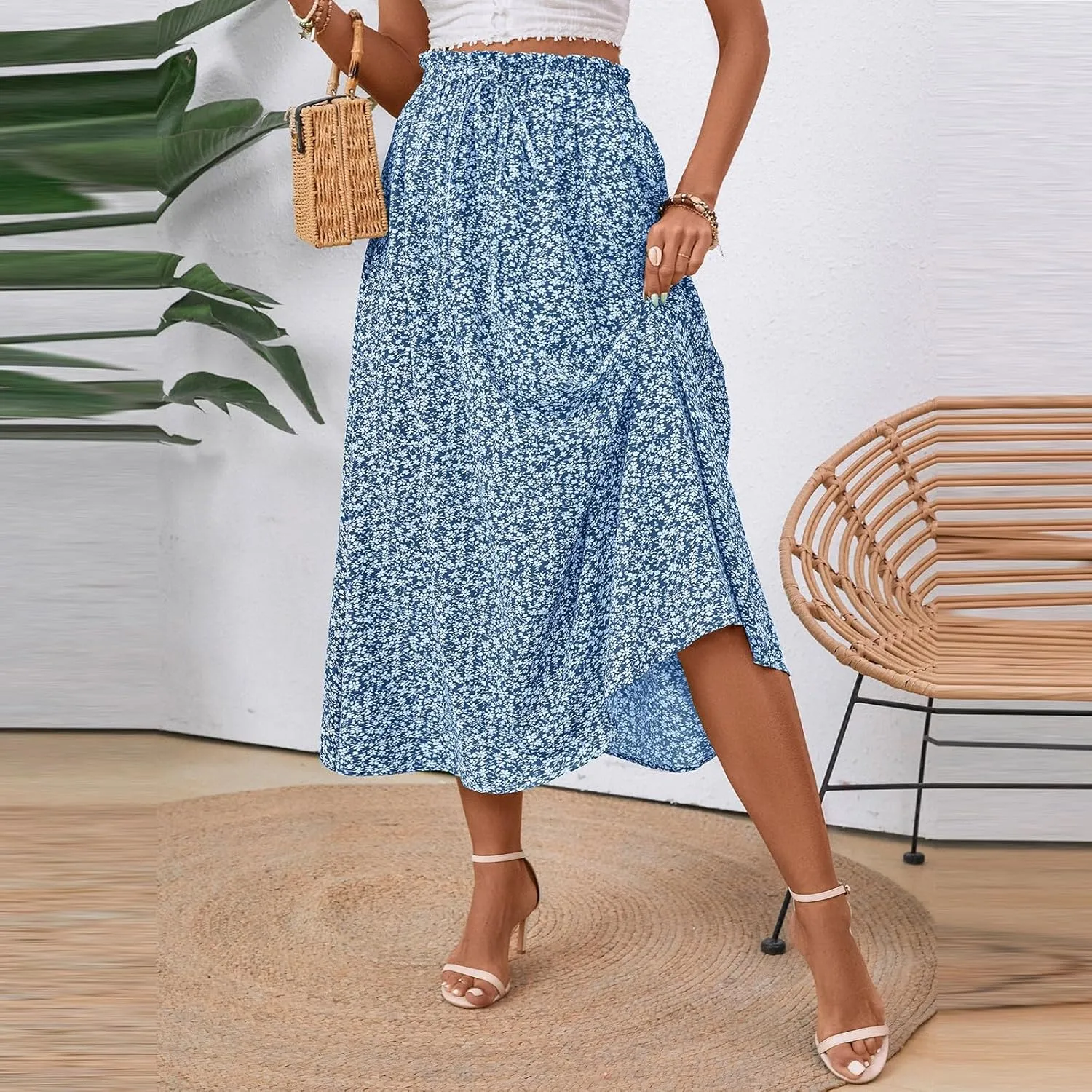 Cotton Linen Skirts for Women Midi Length Summer Drawstring Elastic Waist Smocked A-Line Skirt Knee Length with Pocket