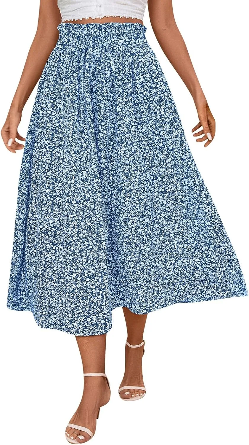 Cotton Linen Skirts for Women Midi Length Summer Drawstring Elastic Waist Smocked A-Line Skirt Knee Length with Pocket
