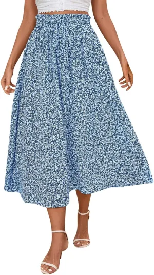 Cotton Linen Skirts for Women Midi Length Summer Drawstring Elastic Waist Smocked A-Line Skirt Knee Length with Pocket