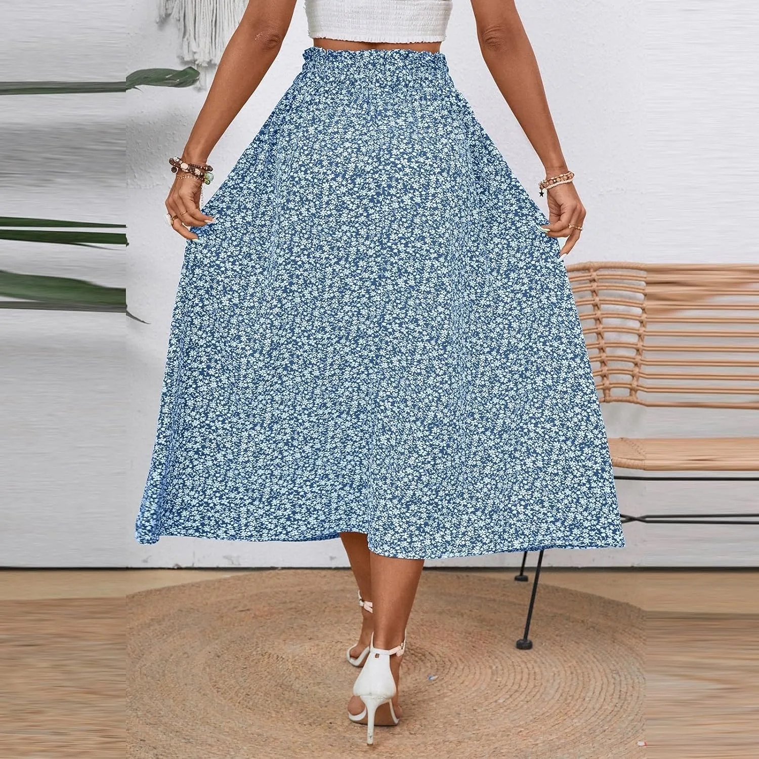 Cotton Linen Skirts for Women Midi Length Summer Drawstring Elastic Waist Smocked A-Line Skirt Knee Length with Pocket