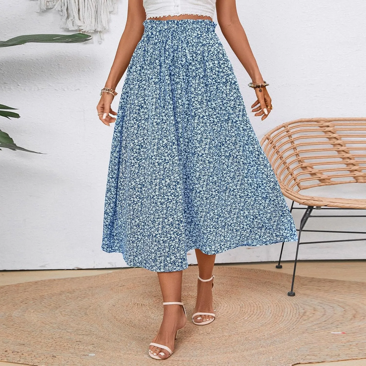 Cotton Linen Skirts for Women Midi Length Summer Drawstring Elastic Waist Smocked A-Line Skirt Knee Length with Pocket