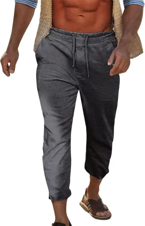 Cotton Linen Yoga Pants Men Summer Elastic Waist Drawstring Beach Athletic Pants for Workout, Jogging, Running