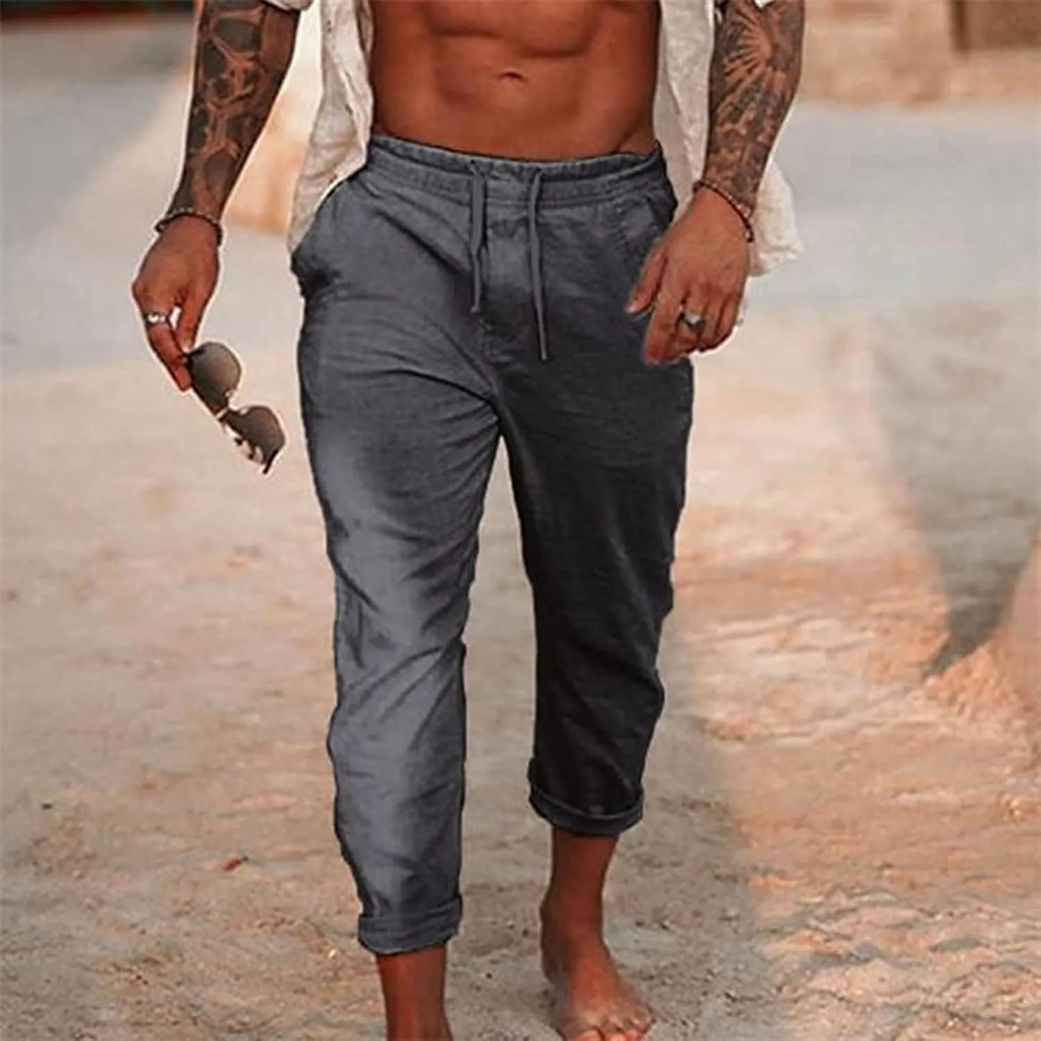 Cotton Linen Yoga Pants Men Summer Elastic Waist Drawstring Beach Athletic Pants for Workout, Jogging, Running