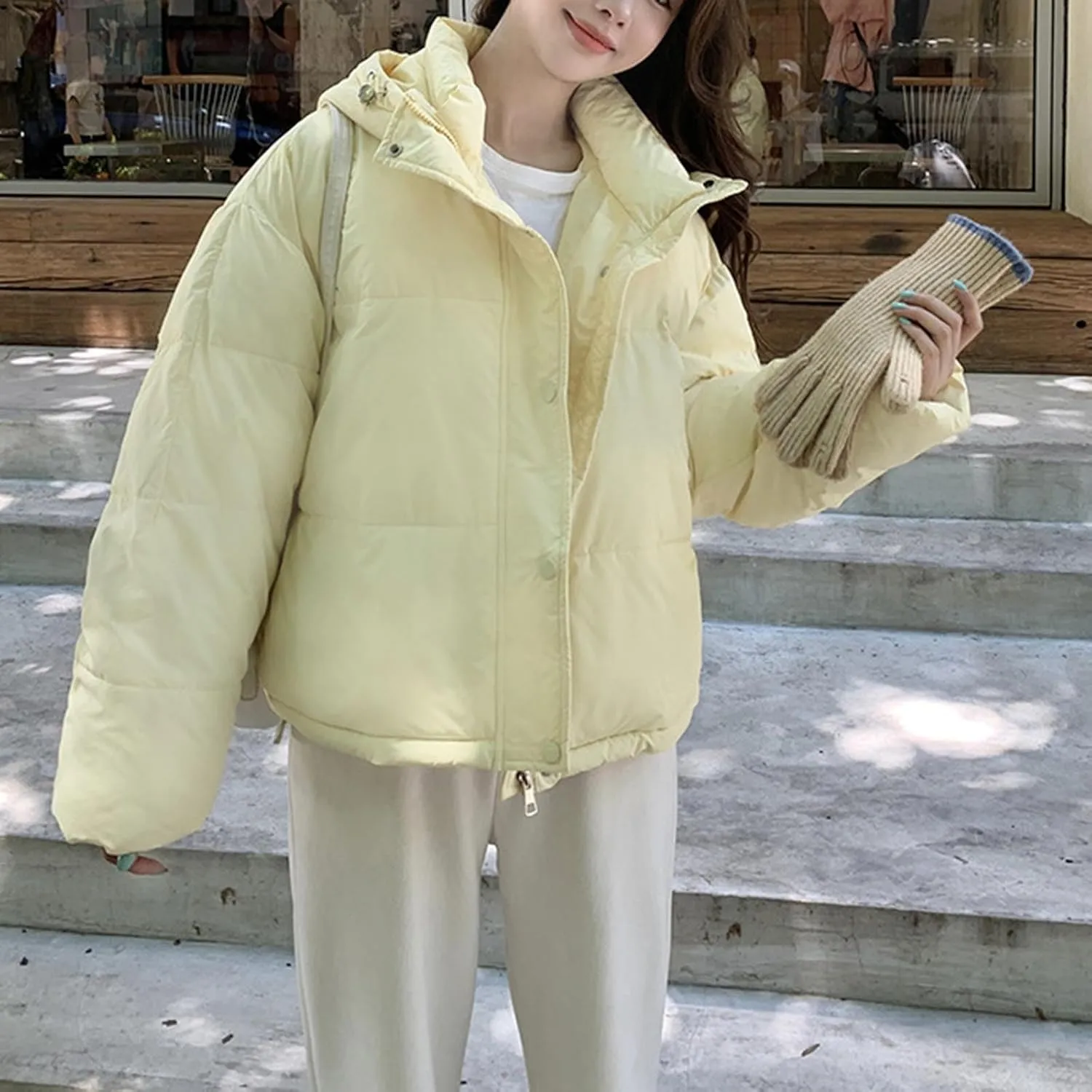 Cotton Padded Coats for Women Fashion Winter Cropped Hooded Puffer Jacket Zip Up Button Parka Jacket with Pockets