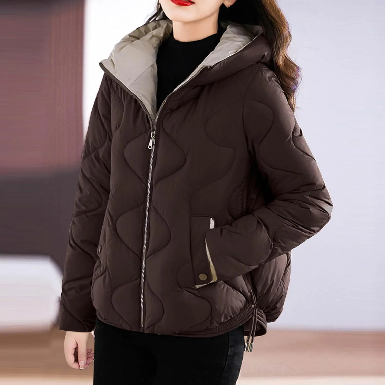Cotton Padded Outerwear Coats for Women Zip Up Quilted Jackets Lightweight Thermal Winter Puffer Parka with Pockets