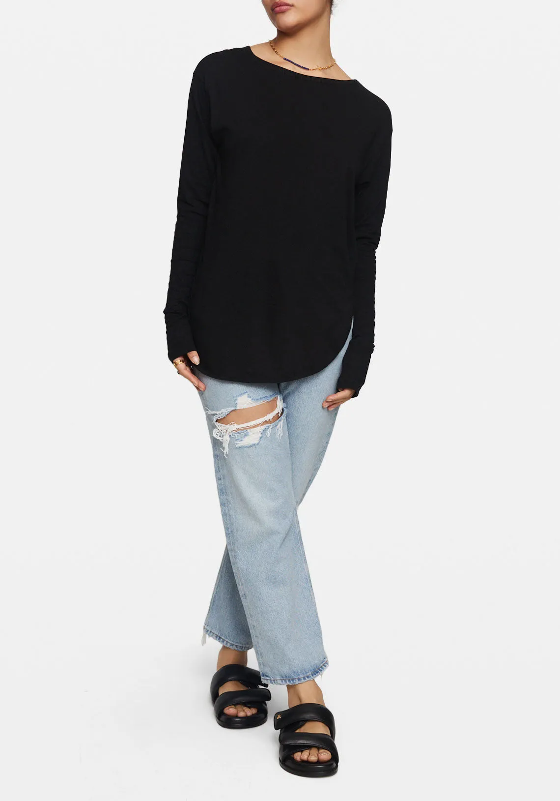 COVERSTITCH DETAIL L/S T.SHIRT BLACK