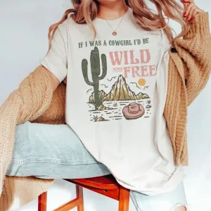 Cowgirl Wild & Free Desert Cactus Graphic Tee for Women – Oversized Vintage Western T-Shirt, Cute Funny Country Music Retro Tops