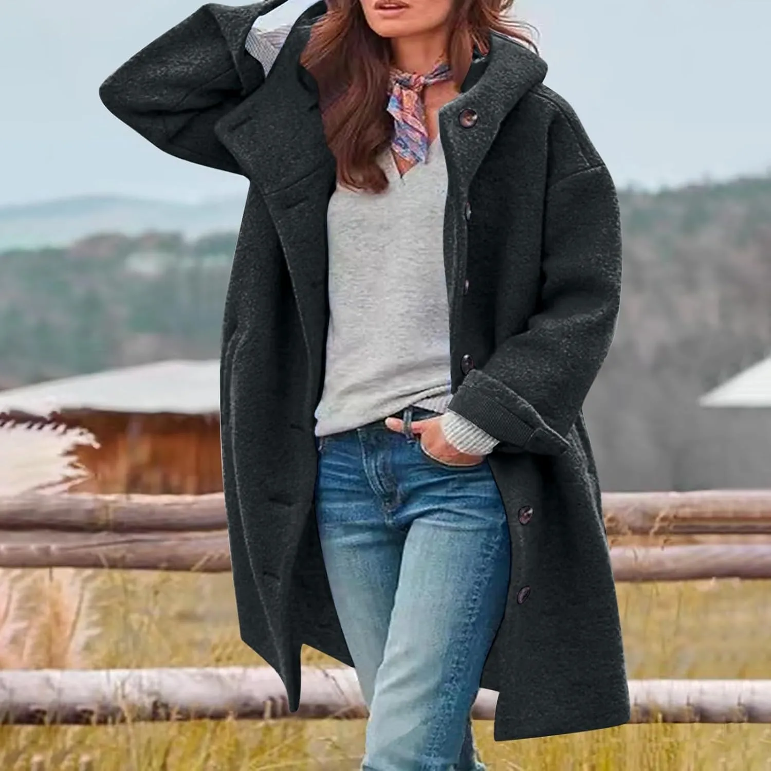 CRNTCEM Womens Wool Blend Pea Coat Fashion Winter Warm Dressy Overcoat Single Breasted Solid Casual Hooded Trench Jackets