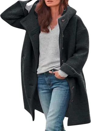 CRNTCEM Womens Wool Blend Pea Coat Fashion Winter Warm Dressy Overcoat Single Breasted Solid Casual Hooded Trench Jackets