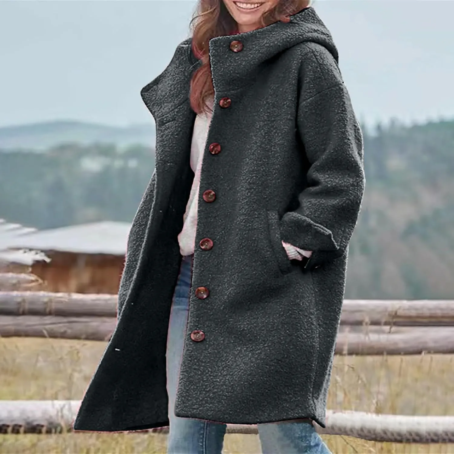 CRNTCEM Womens Wool Blend Pea Coat Fashion Winter Warm Dressy Overcoat Single Breasted Solid Casual Hooded Trench Jackets