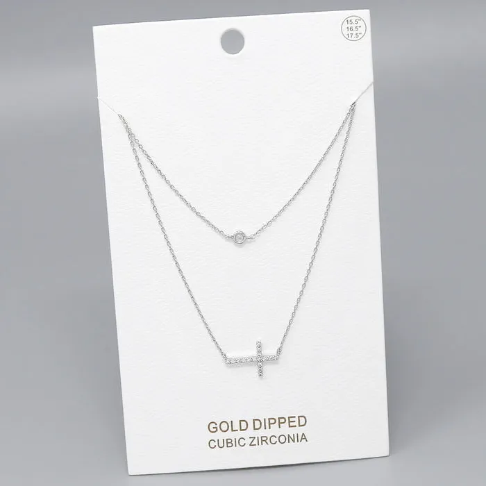 Cross CZ Pave Pendant Gold Dipped Layered Chain Necklace