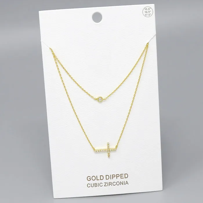 Cross CZ Pave Pendant Gold Dipped Layered Chain Necklace