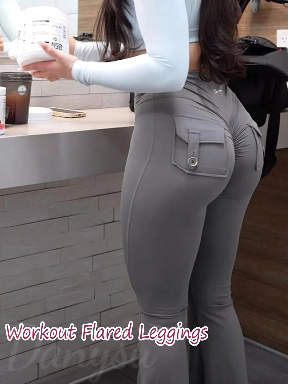 Danysu Flare Leggings with Pockets for Women Scrunch Butt Lifting Cargo Leggings V Waist Tummy Control Bootcut Yoga Pants