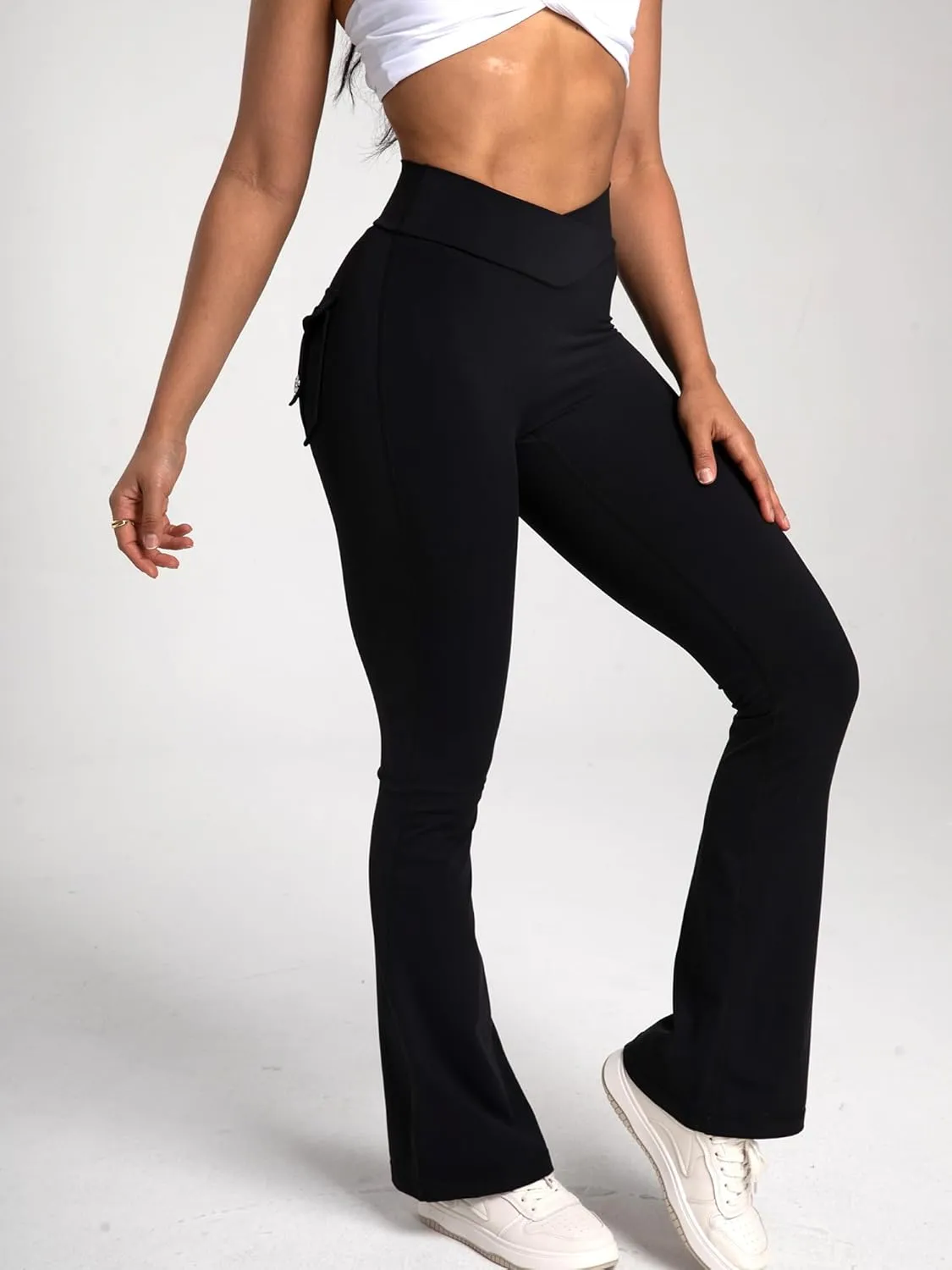 Danysu Flare Leggings with Pockets for Women Scrunch Butt Lifting Cargo Leggings V Waist Tummy Control Bootcut Yoga Pants