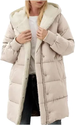 Dcvmvmn Women's Casual Down Jacket Thick Fleece Hooded Cotton Padded Coat Mid-Length Cotton Outwear Apricot