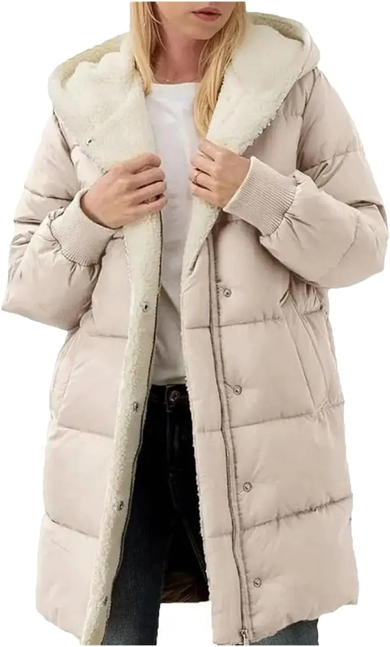 Dcvmvmn Women's Casual Down Jacket Thick Fleece Hooded Cotton Padded Coat Mid-Length Cotton Outwear Apricot