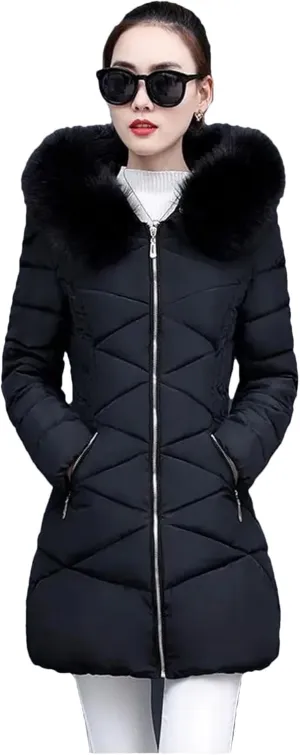Dcvmvmn Women's Hooded Cotton Parkas Coat Thick Cotton Padded Jacket Long Down Parka Overwear Black