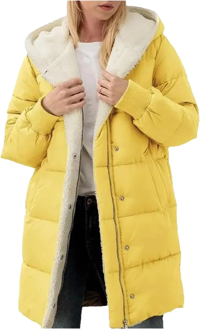 Dcvmvmn Women's Mid-Length Down Jacket Double-Sided Long-Sleeved Hooded Cotton-Padded Coats Slim-Fit Parkas Yellow