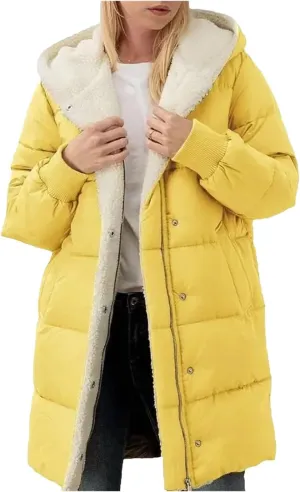 Dcvmvmn Women's Mid-Length Down Jacket Double-Sided Long-Sleeved Hooded Cotton-Padded Coats Slim-Fit Parkas Yellow