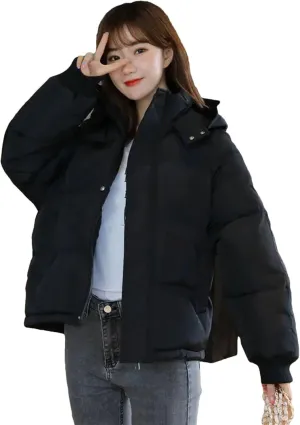 Dcvmvmn Women's Warm Down Jacket Winter Hooded Short Cotton Padded Outwear Female Loose Thicken Coat Black