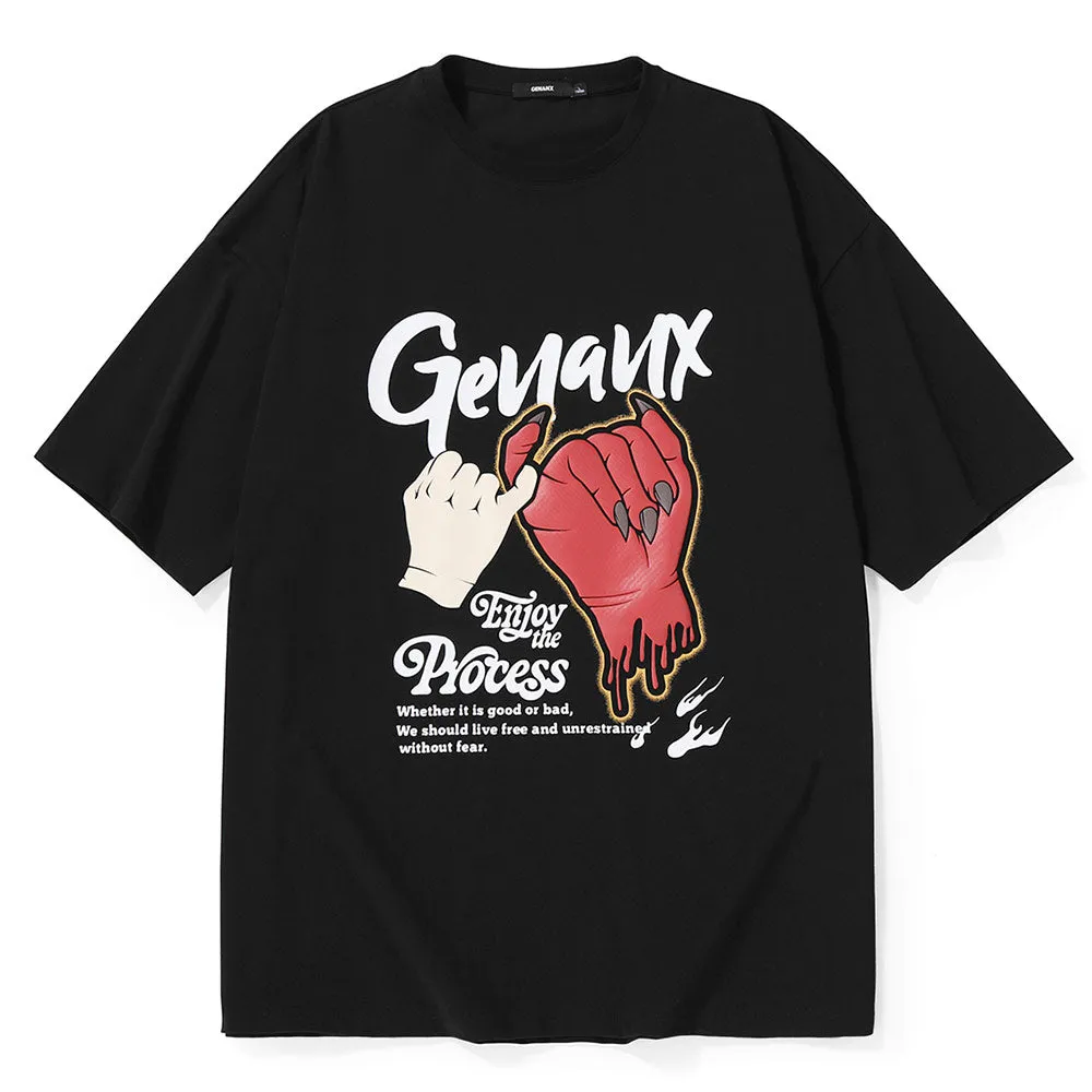 Demon Puller Gesture Graffiti Print Cotton T-Shirt