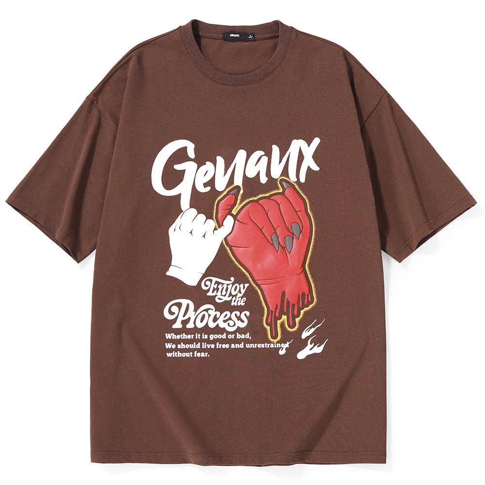 Demon Puller Gesture Graffiti Print Cotton T-Shirt