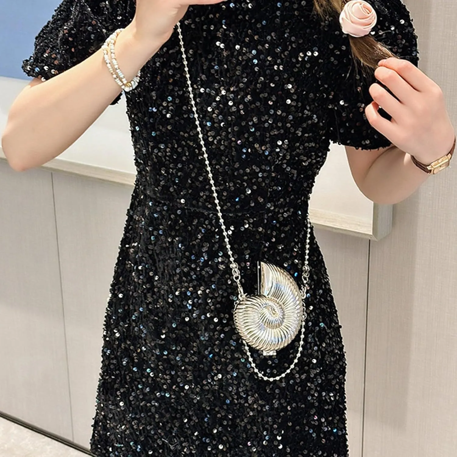 Designer Purses for Women,Mini Purse,Women Glitter Seashell Evening Bag Purse Chain Strap Clutch Handbag Pearl Shoulder Bag Fashion Mini Cross-body Bags