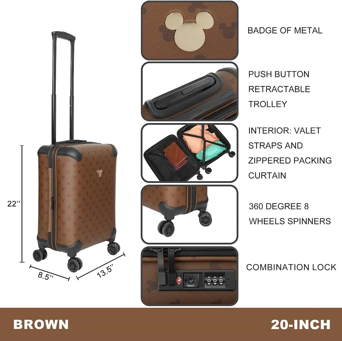 Disney Mickey Mouse Ears 22" Brown Rolling Luggage