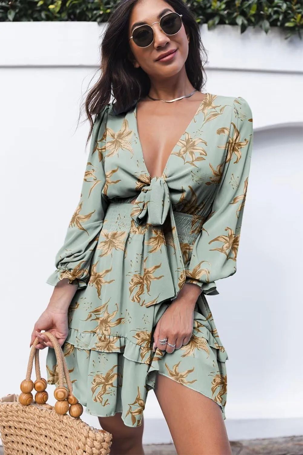 Dokotoo Womens Casual Spring Summer 2025 Deep V Neck Knotted Tiered Chiffon Elegant Mini Short Swing Skater Dresses