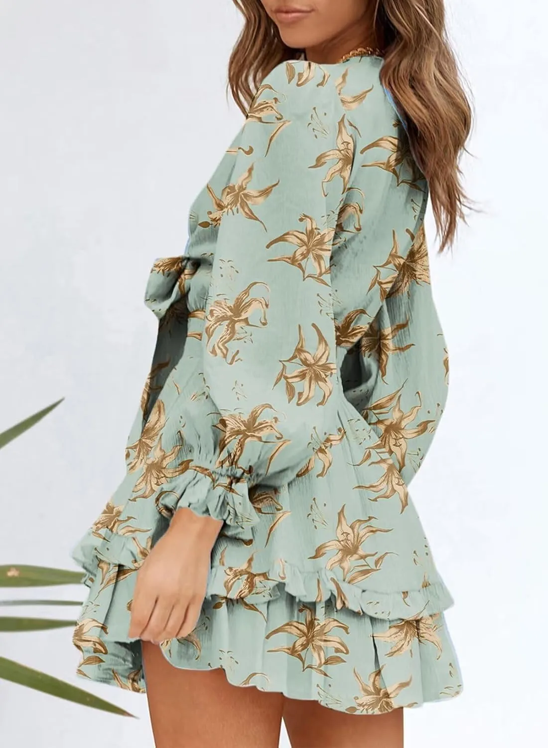 Dokotoo Womens Casual Spring Summer 2025 Deep V Neck Knotted Tiered Chiffon Elegant Mini Short Swing Skater Dresses
