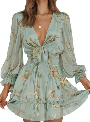Dokotoo Womens Casual Spring Summer 2025 Deep V Neck Knotted Tiered Chiffon Elegant Mini Short Swing Skater Dresses