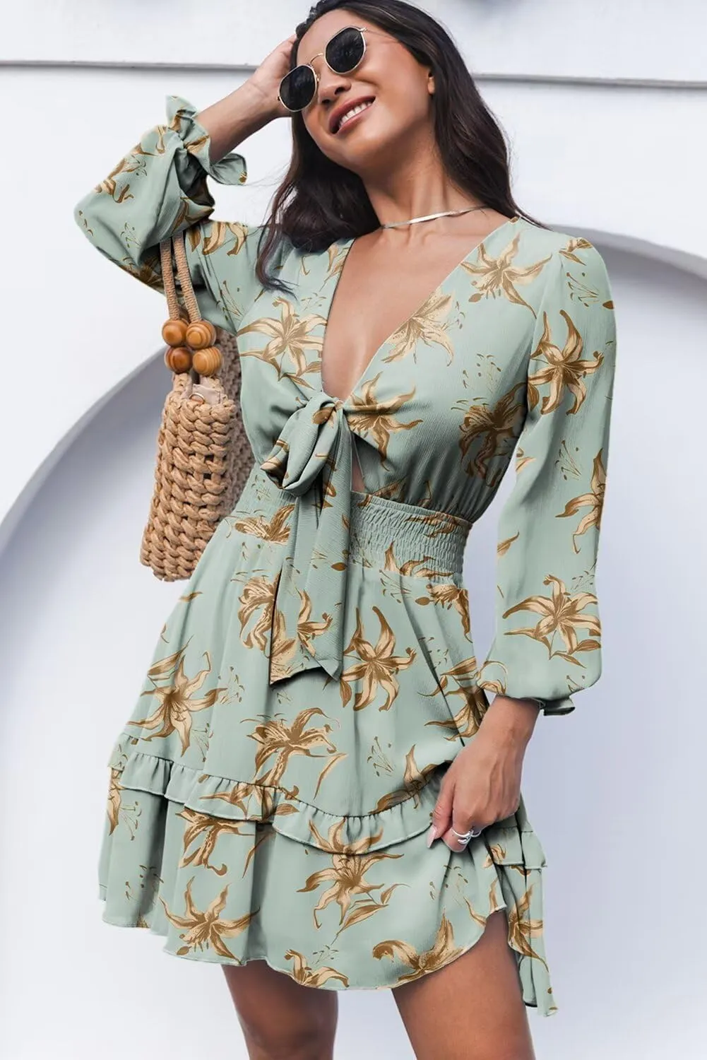 Dokotoo Womens Casual Spring Summer 2025 Deep V Neck Knotted Tiered Chiffon Elegant Mini Short Swing Skater Dresses