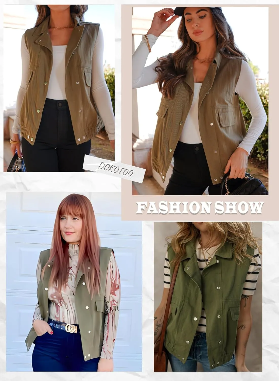 Dokotoo Womens Vests Outerwear Button-Down Lapel Collar Elastic Hem Lightweight Spring Waistcoat Sleeveless Jacket Cargo Vest