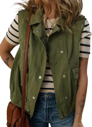 Dokotoo Womens Vests Outerwear Button-Down Lapel Collar Elastic Hem Lightweight Spring Waistcoat Sleeveless Jacket Cargo Vest
