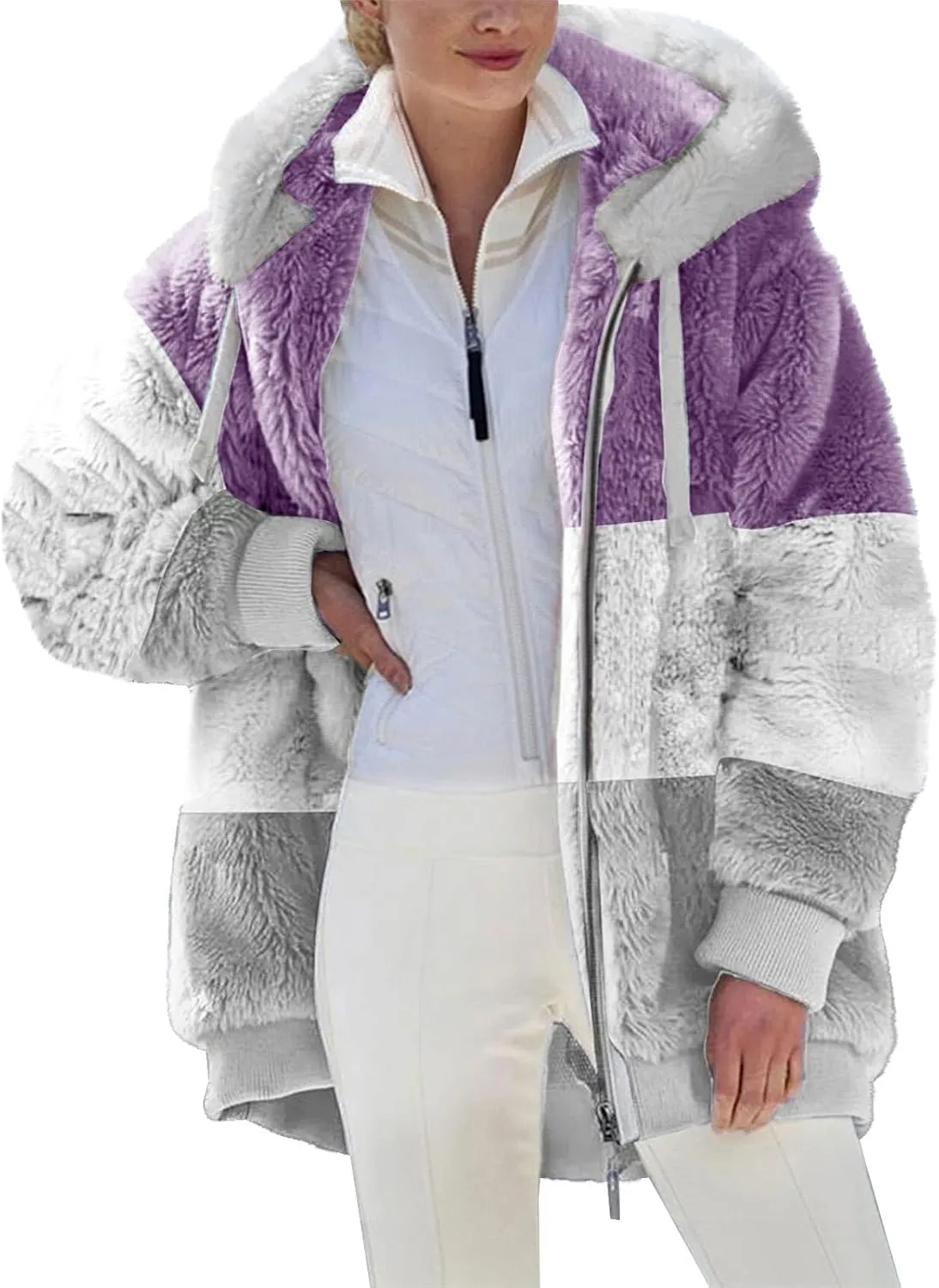 DOLKFU Women Oversized Winter Coat Jacket Zip Up Hooded Coats Shaggy Fleece Open Front Jackets Thick Sherpa Lined Warm Tops