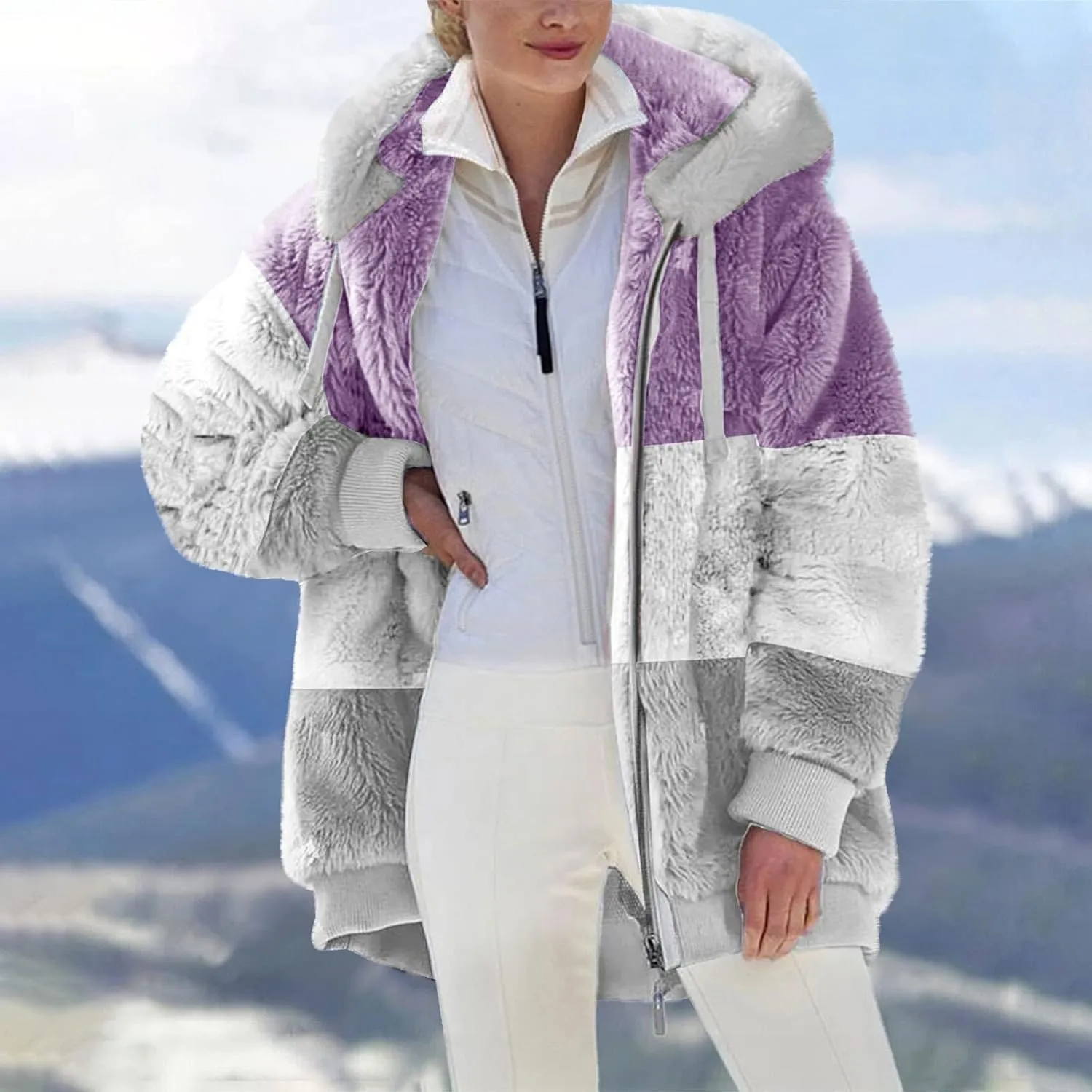 DOLKFU Women Oversized Winter Coat Jacket Zip Up Hooded Coats Shaggy Fleece Open Front Jackets Thick Sherpa Lined Warm Tops
