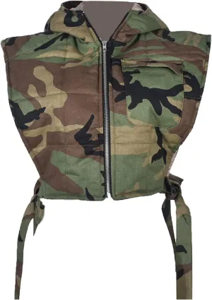 Dongfeng Womens Cropped Denim Camo Puffer Vest Sleeveless Hooded Drop Shoulder Sexy Tied Padded Puffy Vests Tops