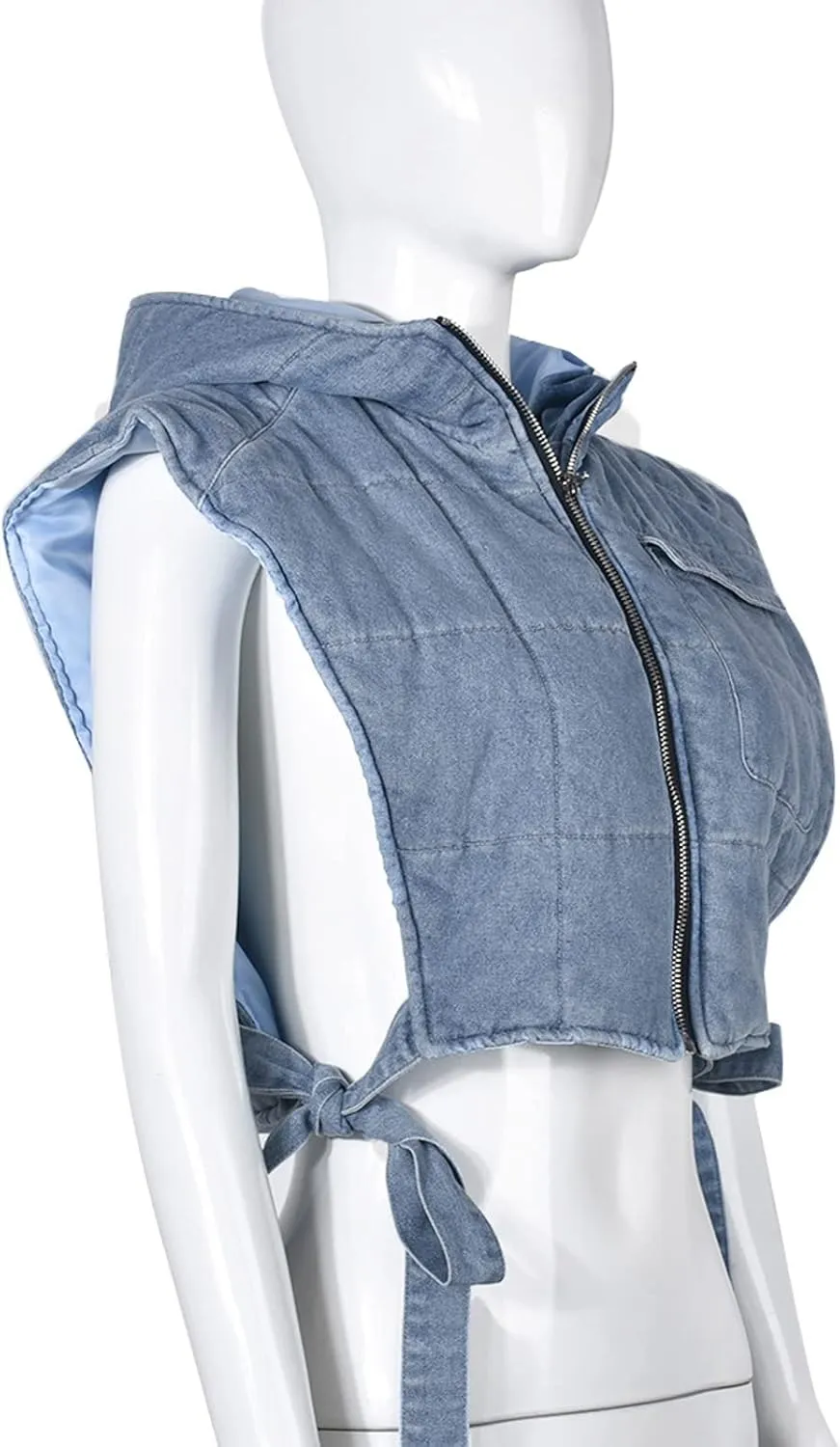 Dongfeng Womens Cropped Denim Camo Puffer Vest Sleeveless Hooded Drop Shoulder Sexy Tied Padded Puffy Vests Tops