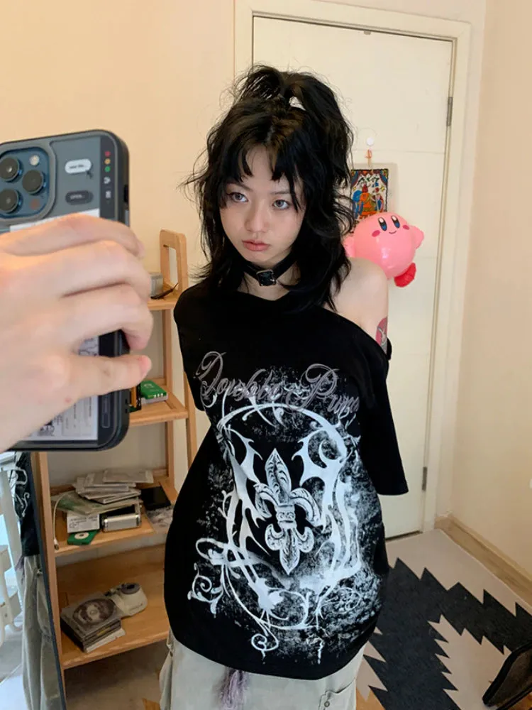 'Double Punch' Off Shoulder Y2K Grunge Women's Tee