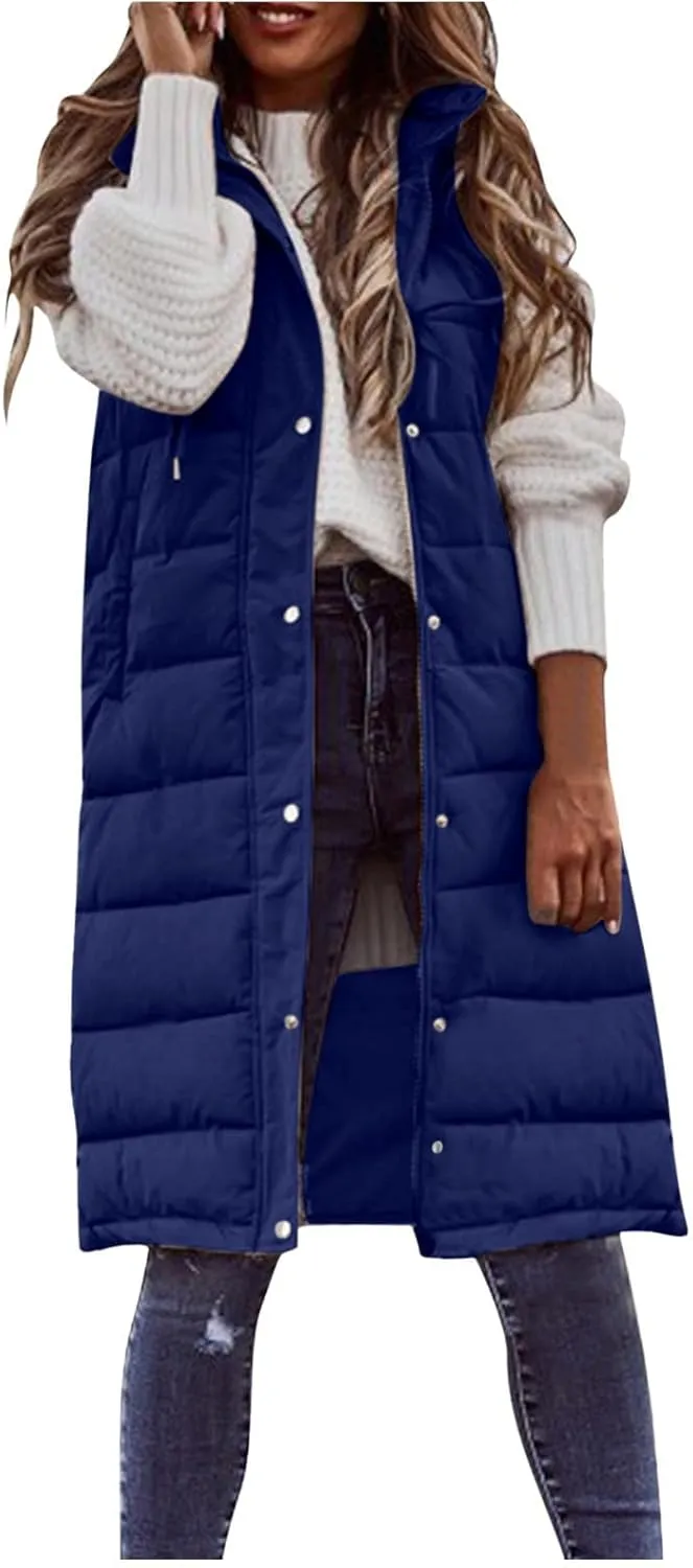 Down Vest for Women, Long Winter Coat Vest with Hood Sleeveless Warm Down Coat Quilted Down Jacket Plus Size