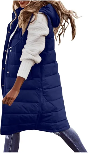 Down Vest for Women, Long Winter Coat Vest with Hood Sleeveless Warm Down Coat Quilted Down Jacket Plus Size