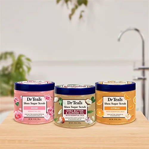 Dr Teal's Shea Sugar Scrub Trial Pack, Rose, Shea Butter, Citrus 19 oz (Pack of 3) (Packaging May Vary)