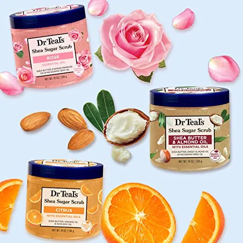 Dr Teal's Shea Sugar Scrub Trial Pack, Rose, Shea Butter, Citrus 19 oz (Pack of 3) (Packaging May Vary)