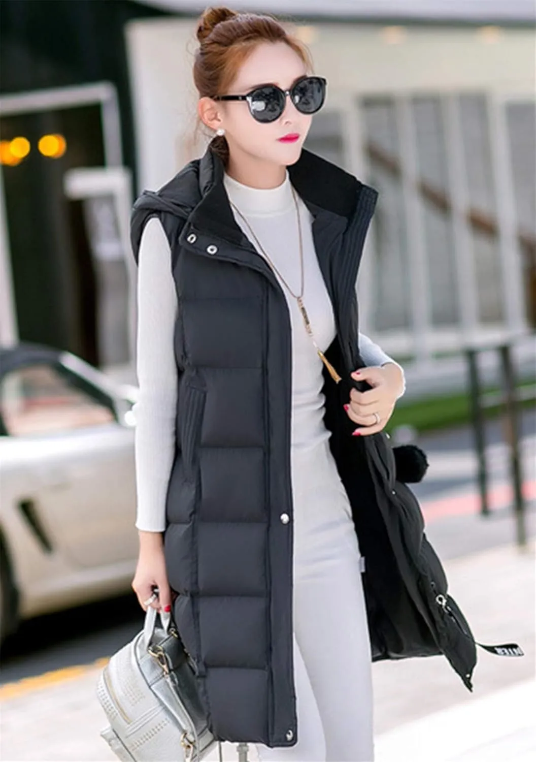 EFOFEI Women's Slim Fit Hooded Long Down Vest Sleeveless Quilted Outwear with Pockets