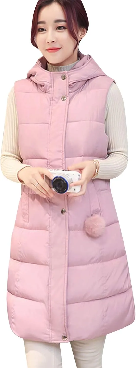 EFOFEI Women's Slim Fit Hooded Long Down Vest Sleeveless Quilted Outwear with Pockets