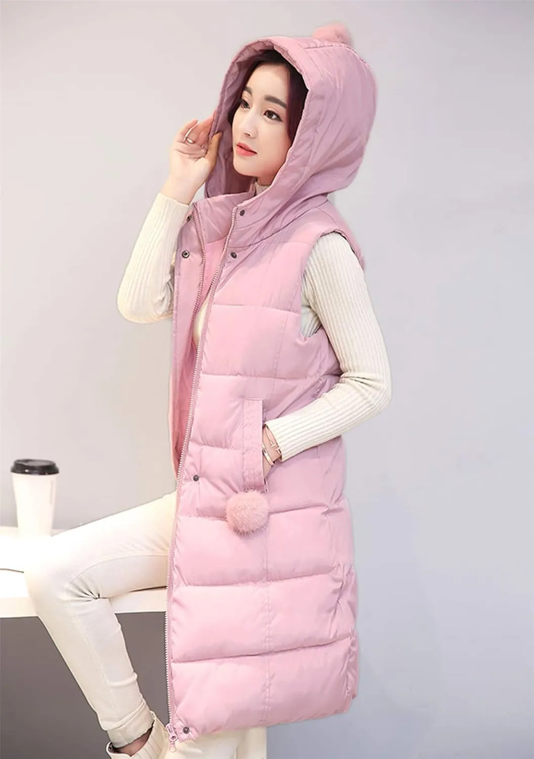 EFOFEI Women's Slim Fit Hooded Long Down Vest Sleeveless Quilted Outwear with Pockets