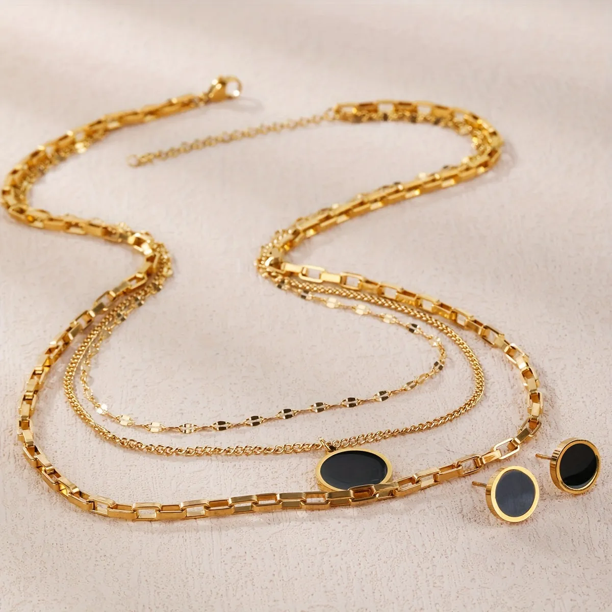 Elegant Multi-Layered 3pc 18K gold-plated Stainless Steel Jewelry Set