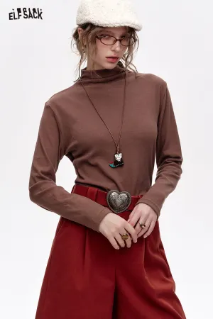 ELFSACK 2024 Winter New Arrivals Basic base T-shirt solid color long sleeved half high neck knitted sweater for women