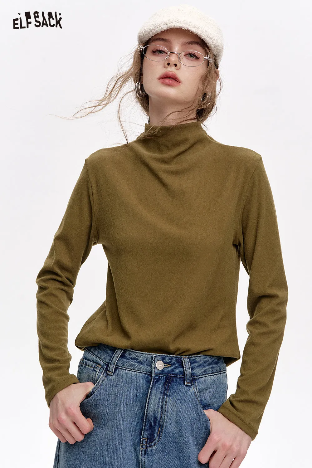 ELFSACK 2024 Winter New Arrivals Basic base T-shirt solid color long sleeved half high neck knitted sweater for women
